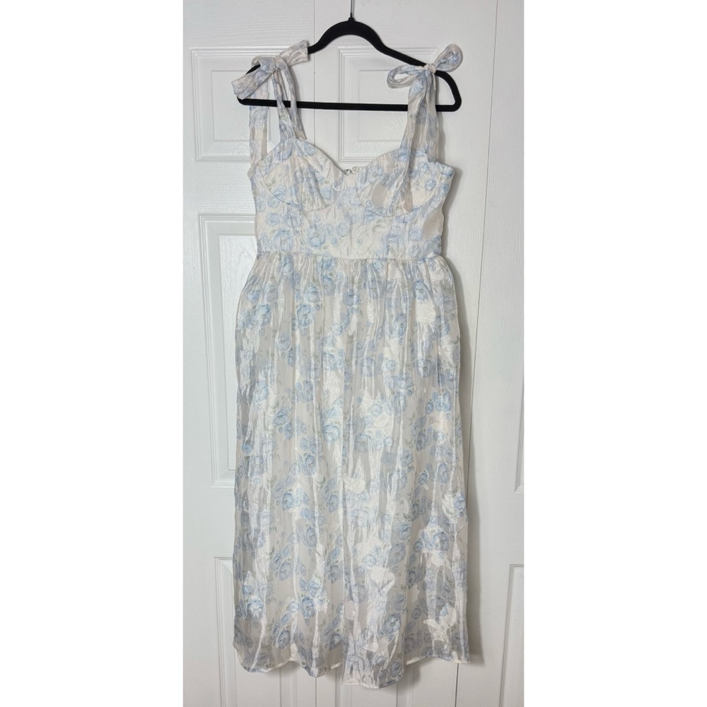 Lulus White Baby Blue Floral Burnout Tie-Strap Sweetheart Midi Dress Size M - Picture 4 of 7